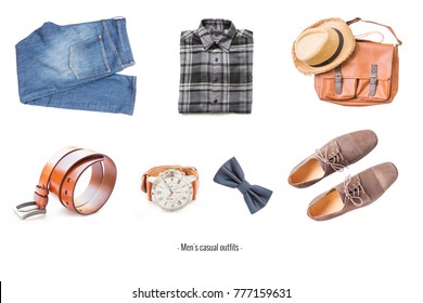 Men's casual outfits with accessories items on white background, fashion and beauty concept - Shutterstock ID 777159631