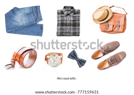 Men's casual outfits with accessories items on white background, fashion and beauty concept