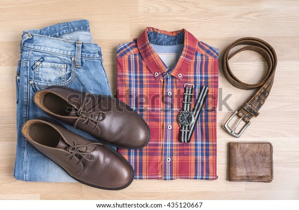 Mens Casual Outfits Accessories On Wooden Stock Photo 435120667 ...