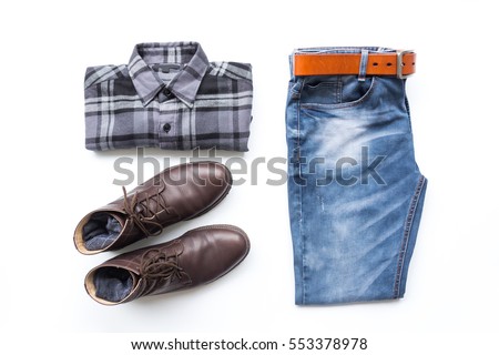 Men's casual outfits with black plaid shirt, blue jeans, man clothing and accessories travel items on white background