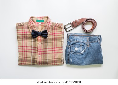 Men's Casual Outfits With Jeans And Brown Plaid Shirt, Flat Lay, Top View Background