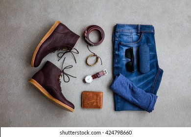 Men's casual outfits with man clothing and accessories on gray grunge background - Shutterstock ID 424798660