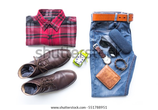 Mens Casual Outfits Red Plaid Shirt Stock Photo Edit Now 551788951