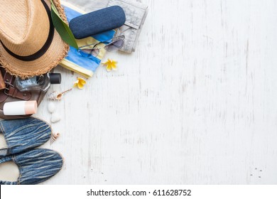 Men's Casual Summer Clothes With Accessories Items On White Rustic Wooden Board Background, Overhead Top View, Flay Lay