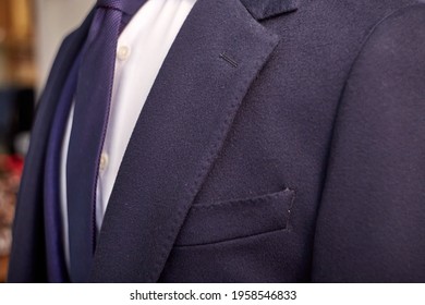 Men's Casual Tweed Blue Coat And White Shirt Lapel With Tie Closeup