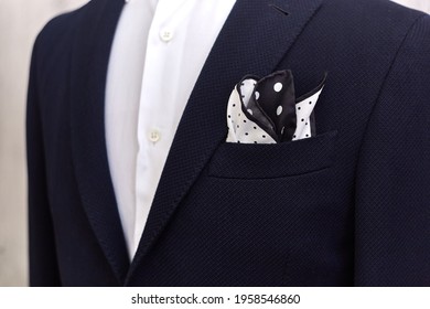 Men's Casual Tweed Blue Coat And White Shirt Lapel With Boutonniere Closeup