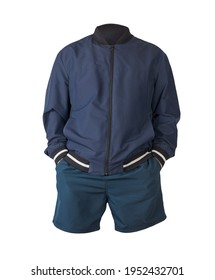 Mens Dark Blue Bomber Jacket And Dark Blue Sports Shorts Isolated On White Background. Fashionable Casual Wear