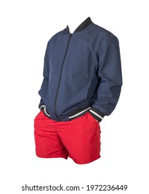 Mens Dark Blue Bomber Jacket And Red Sports Shorts Isolated On White Background. Fashionable Casual Wear