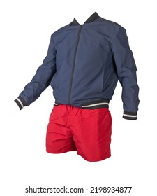 Mens Dark Blue Bomber Jacket And Red Sports Shorts Isolated On White Background. Fashionable Casual Wear