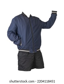 Mens Dark Blue Bomber Jacket And Black Sports Shorts Isolated On White Background. Fashionable Casual Wear