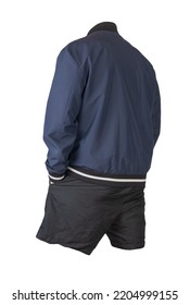 Mens Dark Blue Bomber Jacket And Black Sports Shorts Isolated On White Background. Fashionable Casual Wear