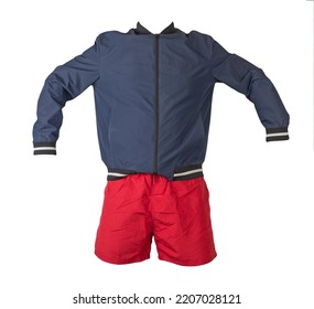 Mens Dark Blue Bomber Jacket And Red Sports Shorts Isolated On White Background. Fashionable Casual Wear