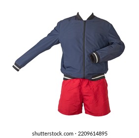 Mens Dark Blue Bomber Jacket And Red Sports Shorts Isolated On White Background. Fashionable Casual Wear