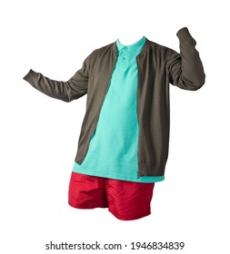 Men's Dark Green Bomber Jacket,green Shirt And Red Sports Shorts Isolated On White Background. Fashionable Casual Wear