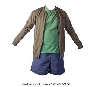 Men's  Dark Green Knitten Bomber Jacket,dark Green  Shirt And Dark Blue Sports Shorts Isolated On White Background. Fashionable Casual Wear