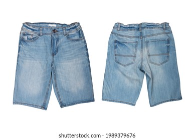 mens denim shorts front and back view isolated on white