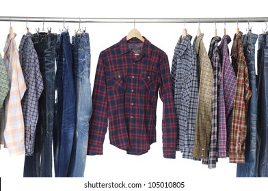 Men's different colors short sleeved plaid cotton on a wooden hanger - Powered by Shutterstock