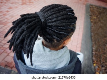 Men's Dreadlocks Hairstyle Gathered In A Ponytail, Back View
