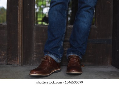 Mens Dress Shoes, Autumn Mens Style, Fall Leaves And Brown Leather Shoes, Straight Leg Mens Jeans, Fall Fashion, Relaxed Fit Street Style 