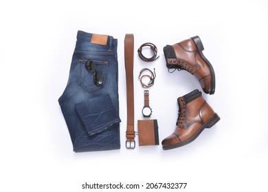 Men's Fashion Blue Jeans And Accessories On White Background, Flat Lay


