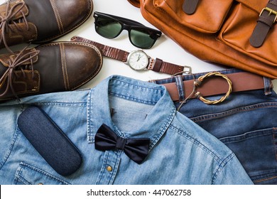 Men's Fashion, Casual Outfits With Accessories, Flat Lay, Top View Background