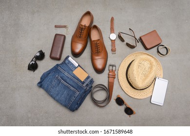 Men's Fashion Clothing And Accessories On Gray Background, Flat Lay
