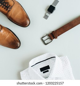 Men's Fashion Composition With Watch, Shirt, Belt And Shoes. Flat Lay, Top View.