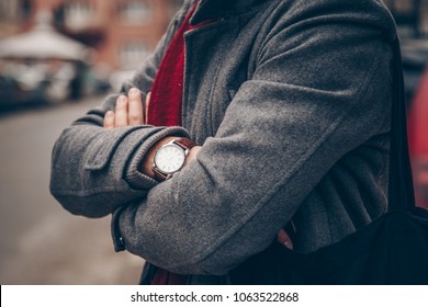 Mens Fashion. Details Of A Beautiful Leather Brown Watch On A Mans Hand. Street Style