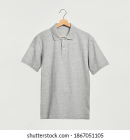 Men's Gray Polo Shirt Mockup On A Wooden Hanger