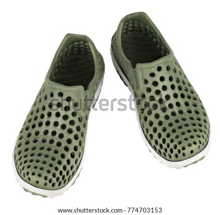 Men's green sandals isolated on white background top view with clipping path .