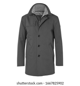 Men's Grey Pea Coat Double Breasted Isolated On White. Classic Long Jacket With Zipper & Buttons Fastening Front View. Warm Outwear Cotton Windproof Fabric. Best Outdoor Clothing For Hiking Travel