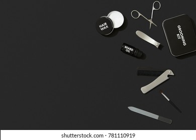 Mens Grooming Beauty Accessories And Products On Black Background, Masculine Flat Lay