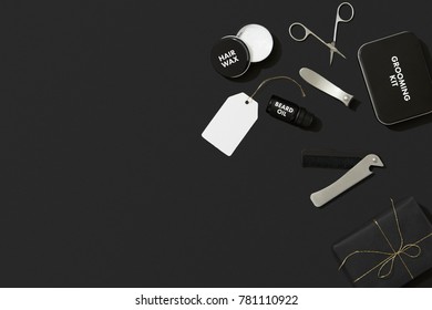 Mens Grooming Beauty Accessories And Products On Black Background, Masculine Gift Flat Lay