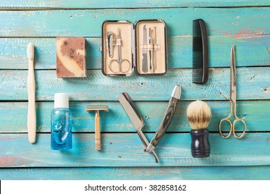 Mens Grooming Tools On A Blue Background