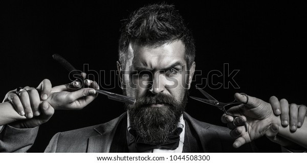 Mens Haircut Barber Scissors Long Beard Stock Photo Edit