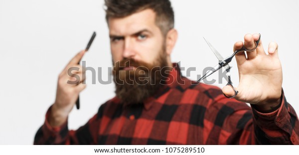 Mens Haircut Barber Scissors Long Beard Stock Photo Edit Now