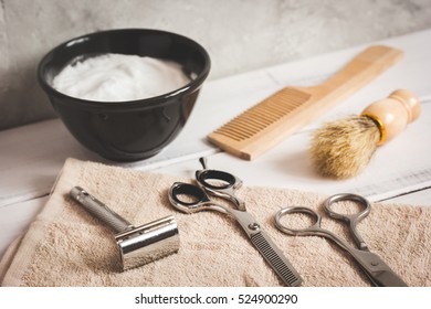 Mens Hairdressing Wooden Desktop With Tools For Shaving