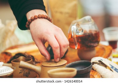 Men`s Hamds Are Making Chinese Tea On Outdoor 