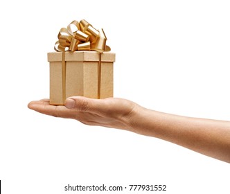 Men's Hand Holding Golden Gift Box Isolated On White Background. High Resolution Product