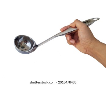men's hand holding stainless steel ladle isolated on white background