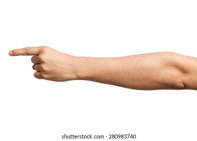 Men's Hand On A White Background . Alpha . One Finger . Forefinger. 1 Indicates Your Product