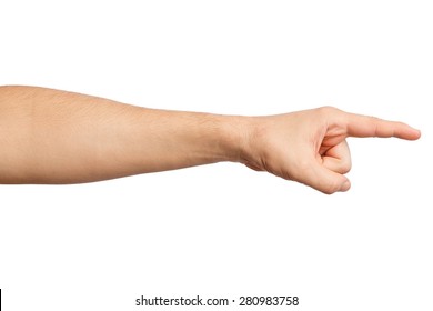 Men's Hand On A White Background . Alpha . One Finger . Forefinger. 1 Indicates Your Product