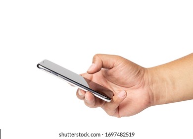 Men's Hands Are Delivering Or Submit , Scan New Smartphones Blank Screen. 