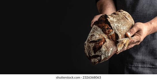 Men's hands hold bread on a dark background, Long banner format,