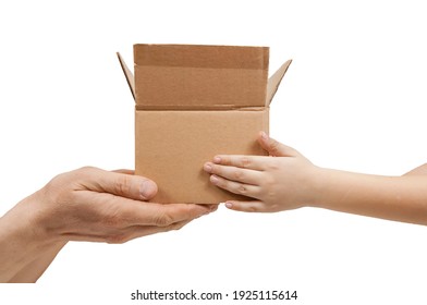 Men's Hands Hold Give Open Cardboard Box To Children's Hands Side View On White Background Close-up, Isolated