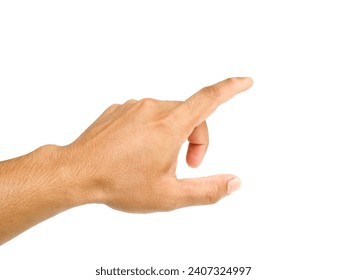 Men's hands making gestures like  I'm pointing at something.  or touch the phone screen  Isolated on white background.