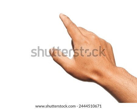 Men's hands making gestures like  I'm pointing at something.  or touch the phone screen  Isolated on white background.