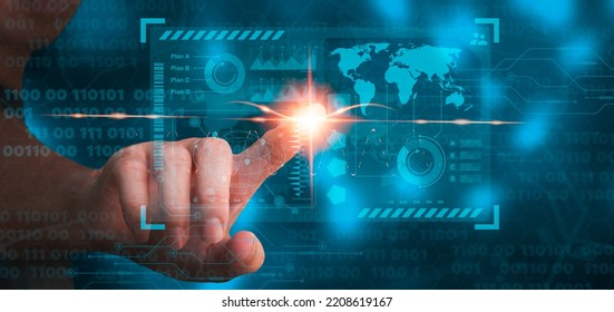 Men's Hands Show A Virtual Hologram. Concept Of Setting Business Goals Together As A Group Of Organizations And Challenges In Business Marketing, Teamwork, And Agency. Work Inspiration