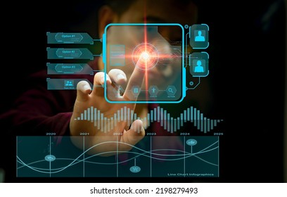 Men's Hands Showing A Virtual Hologram. Concept Of Setting Business Goals Together As A Group Of Organizations And Challenges In Business Marketing, Teamwork, And Agency. Work Inspiration