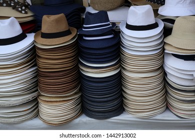 Mens Hats Laid Out At The Bazaar For Sale